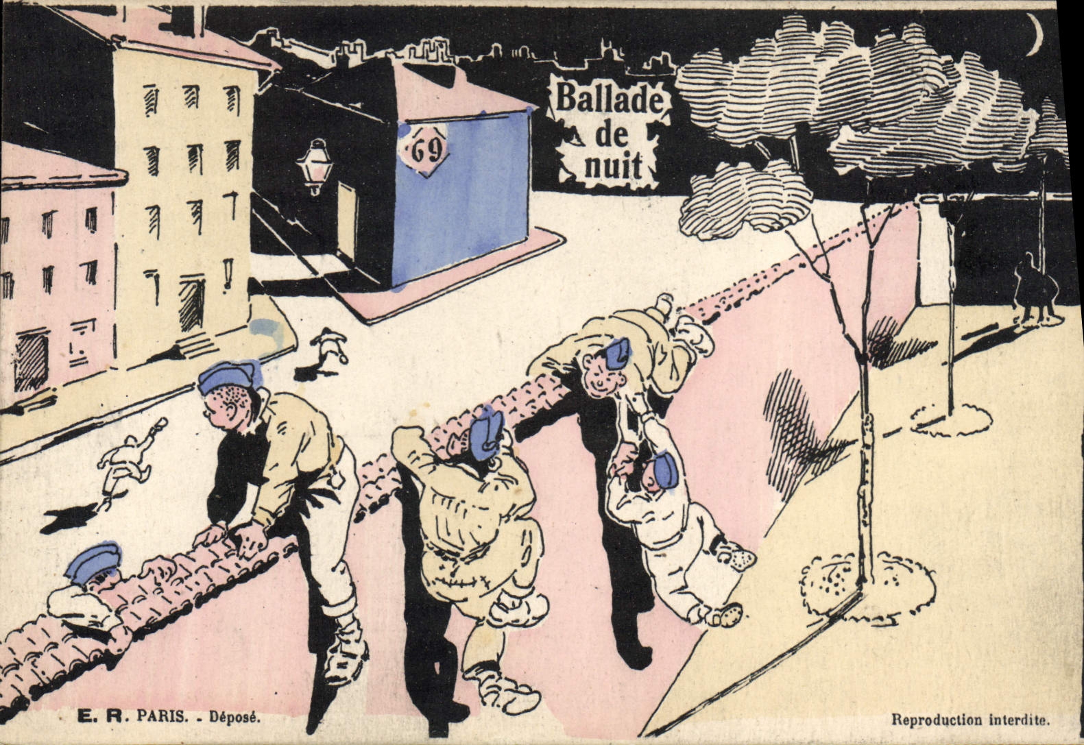 Ballade de nuit — scène de nuit avec soldats — E.R. PARIS. Déposé.