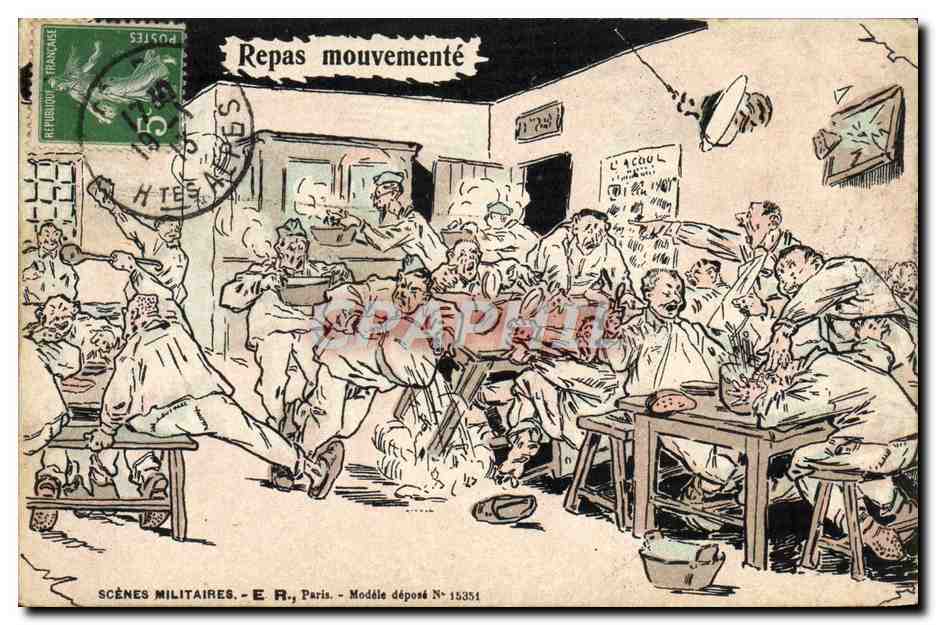 Repas mouvementé — Scènes militaires — E.R., Paris, Modèle déposé N° 15351
