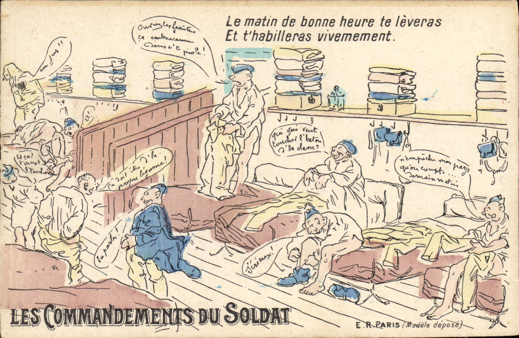 Les Commandements du Soldat — caricature militaire — E.R. Paris (Modèle déposé)