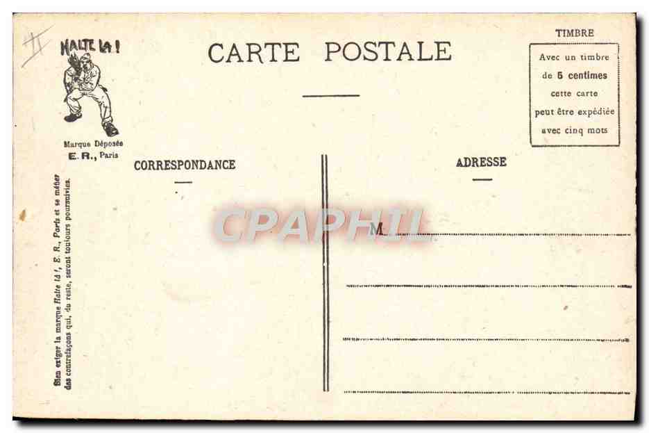 Les Commandements du Soldat — caricature militaire — E.R. Paris (Modèle déposé) — Verso