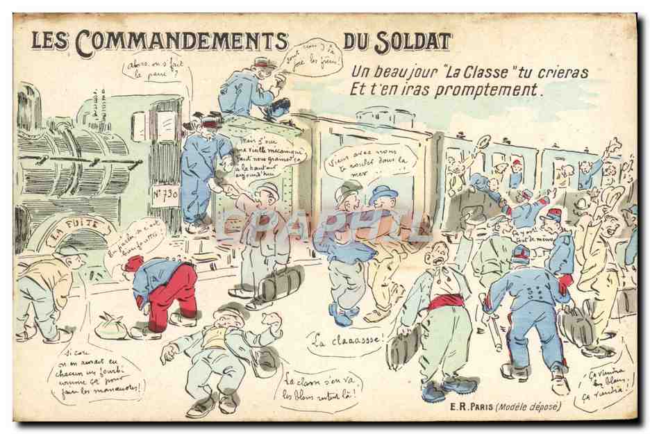 Les Commandements du Soldat — caricature militaire — E.R. Paris (Modèle déposé)