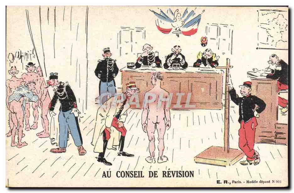 Au Conseil de Révision — caricature militaire — E.R., Paris, Modèle déposé N 901