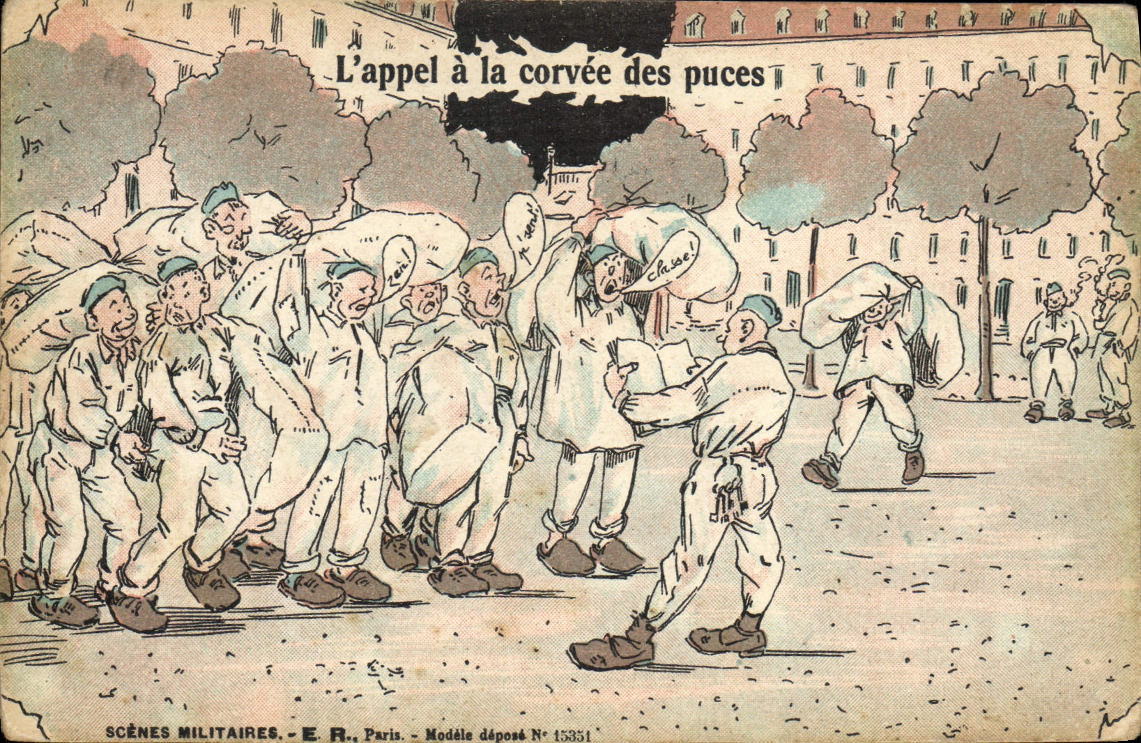 L'appel à la corvée des puces — Scènes Militaires — E.R., Paris — Modèle déposé N° 15351