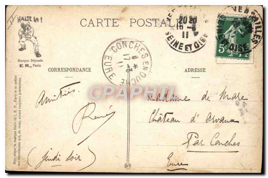 L'appel à la corvée des puces — Scènes Militaires — E.R., Paris — Modèle déposé N° 15351 — Verso