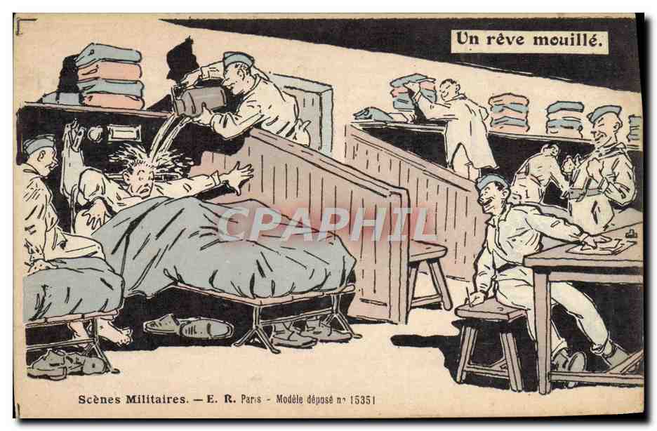 Scènes Militaires — Un rêve mouillé. — E. R. Paris — Modèle déposé n° 15351