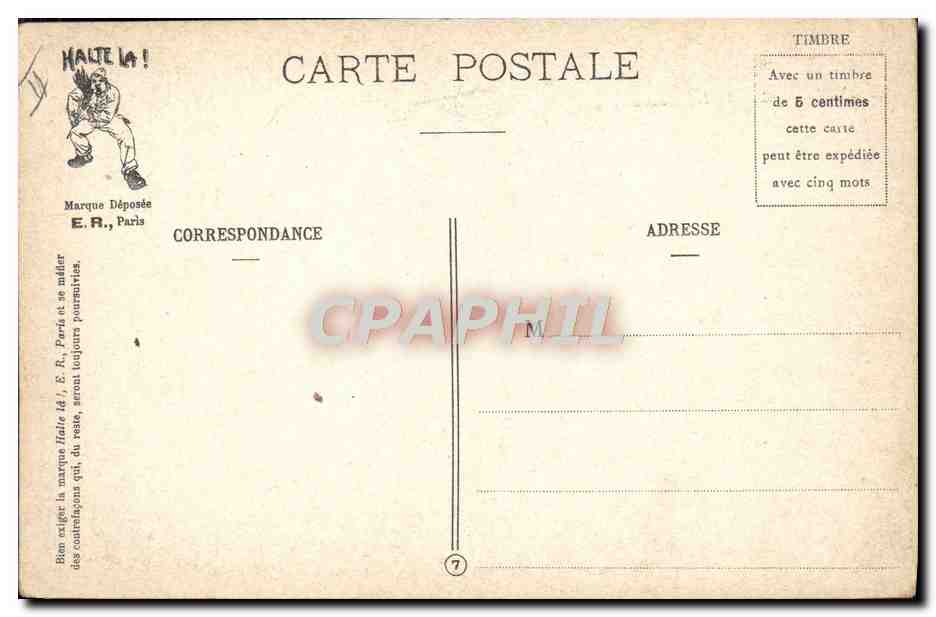 Scènes Militaires — Au Lavoir — E.R., Paris, Modèle déposé n° 14877 — Verso
