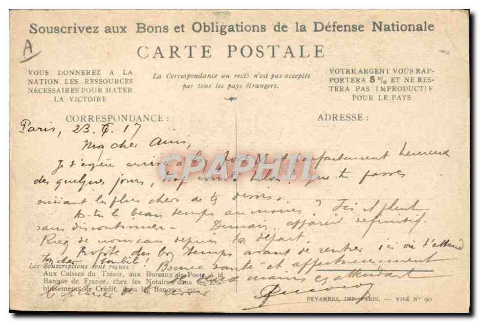 CPA Militaria Bons de la Defense Nationale — Rückseite