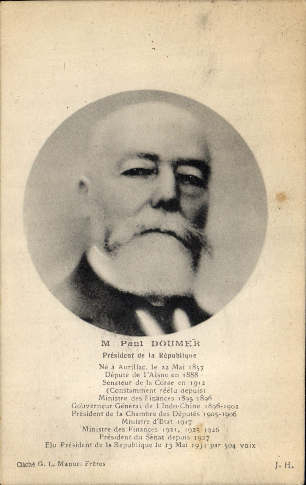 M. Paul Doumer — Président de la République — Cliché G. L. Manuel Frères