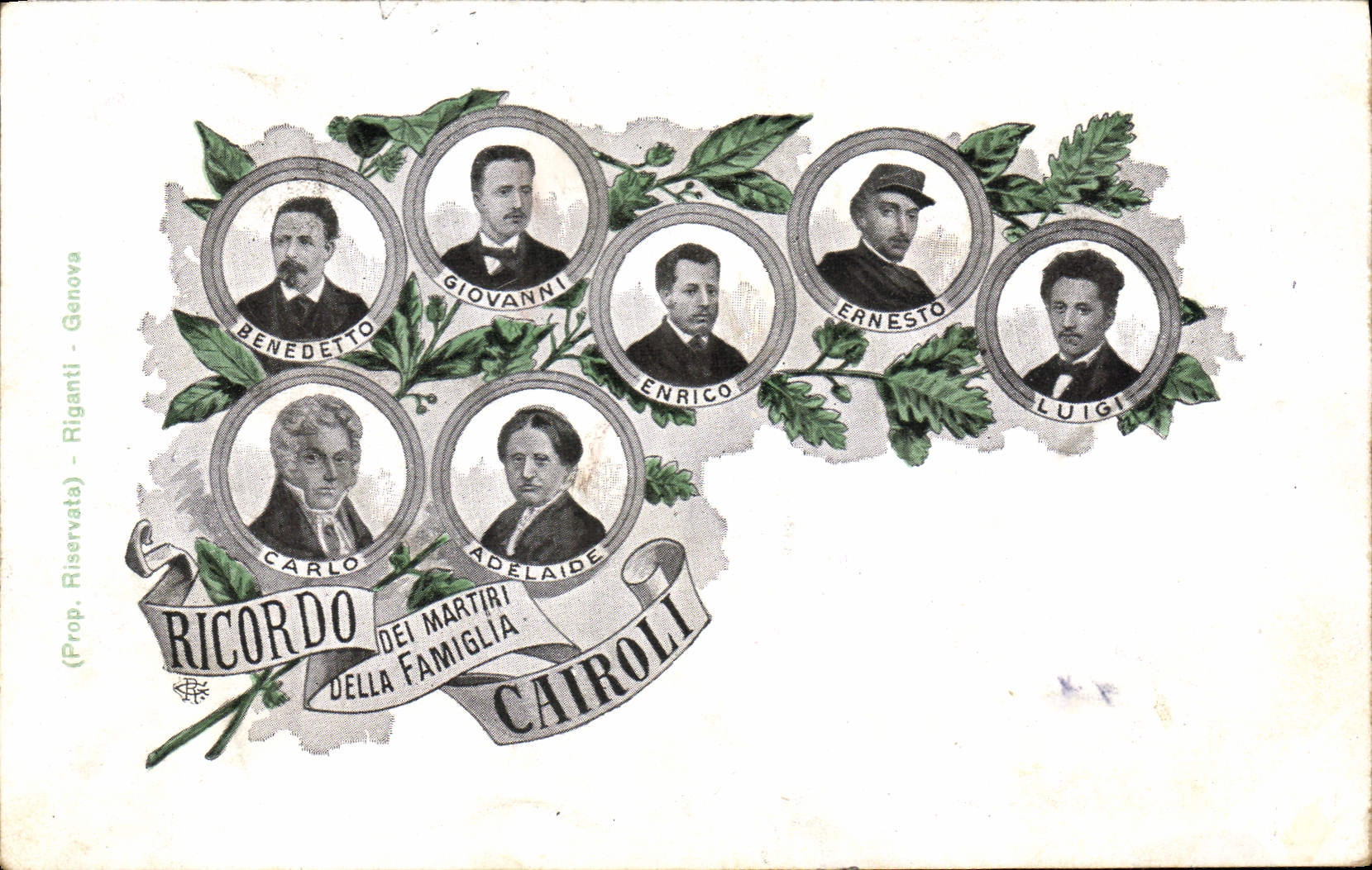 Ricordo dei martiri della famiglia Cairoli — Benedetto, Giovanni, Enrico, Ernesto, Luigi, Carlo, Adelaide — éditeur Rigianti, Genova