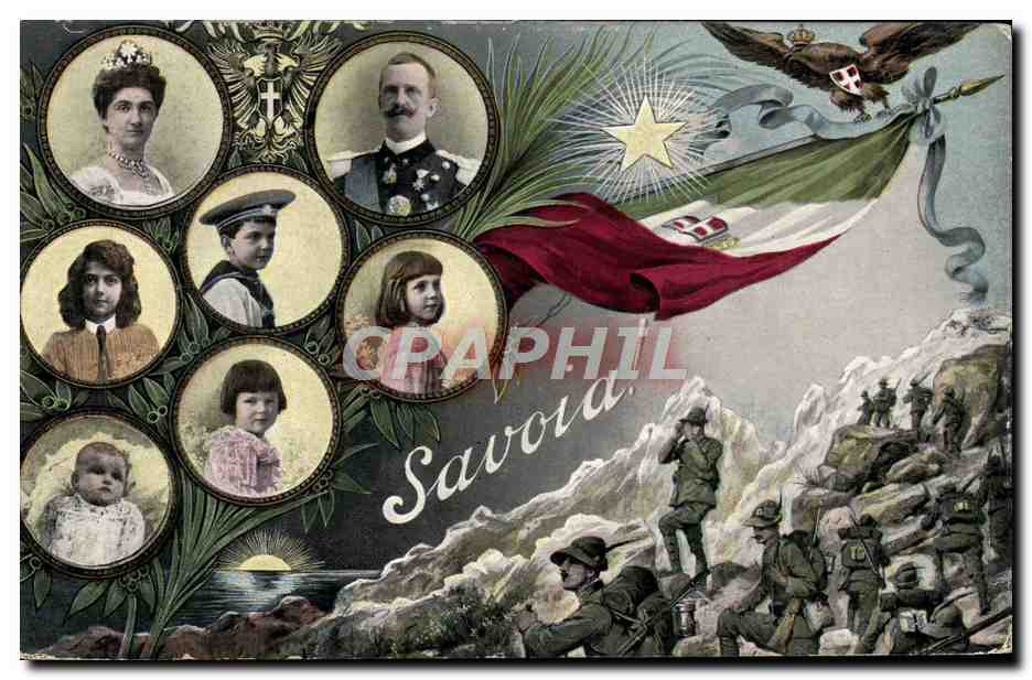Famille royale de Savoie — portraits et soldats — éditeur Savoia