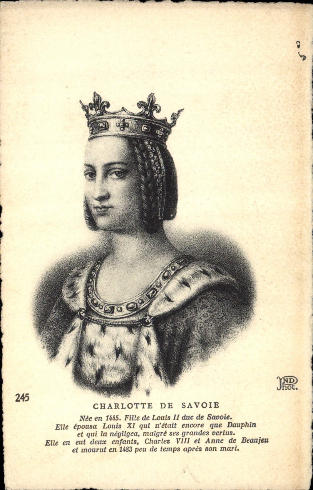 Charlotte de Savoie — portrait gravé — JND Phot. n°245