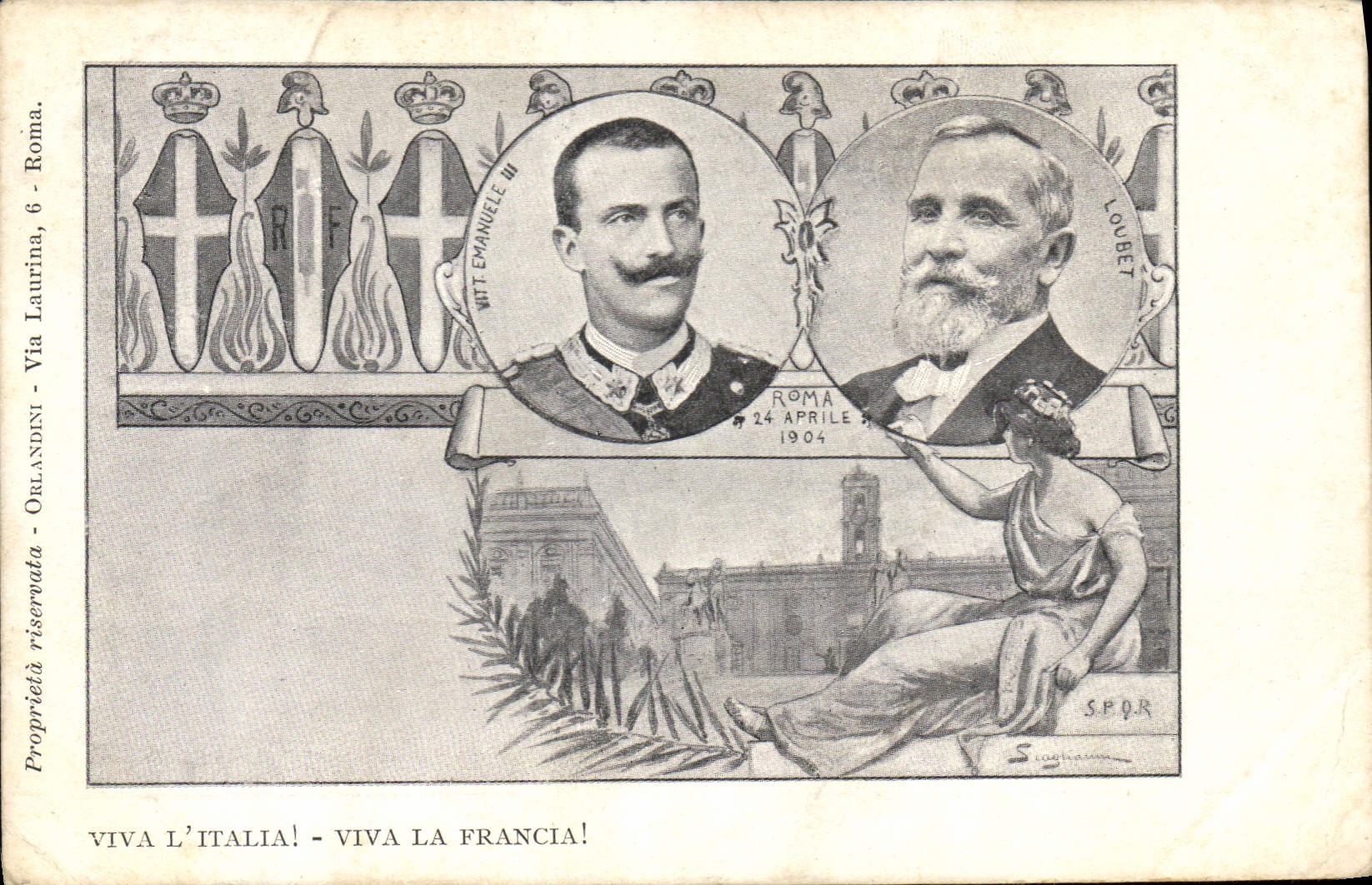 Événement diplomatique à Rome — portraits d'Émanuele III et de Louvet — éditeur SPQR, n° 6, Via Laurina