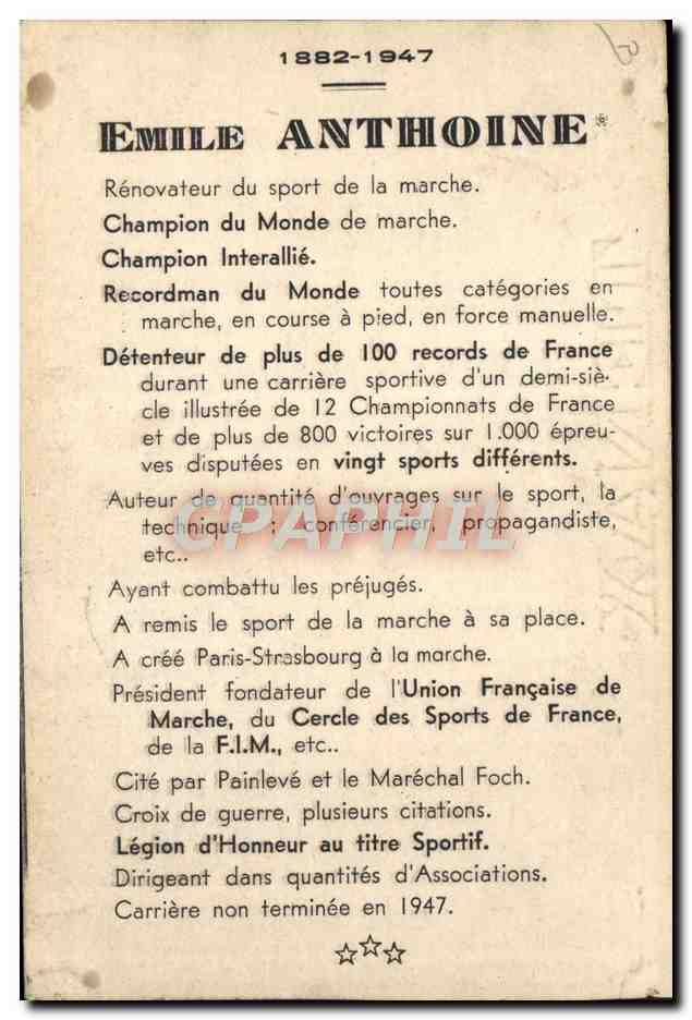 Émile Anthoine — Rénovateur du sport de la marche — Éditeur : Paris, n° de série non lisible — Verso