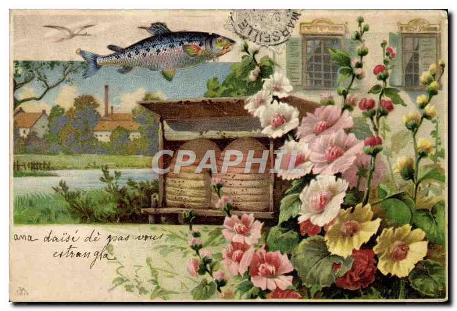 CPA Insecte Abeille Poisson Cigogne Miel Ruche