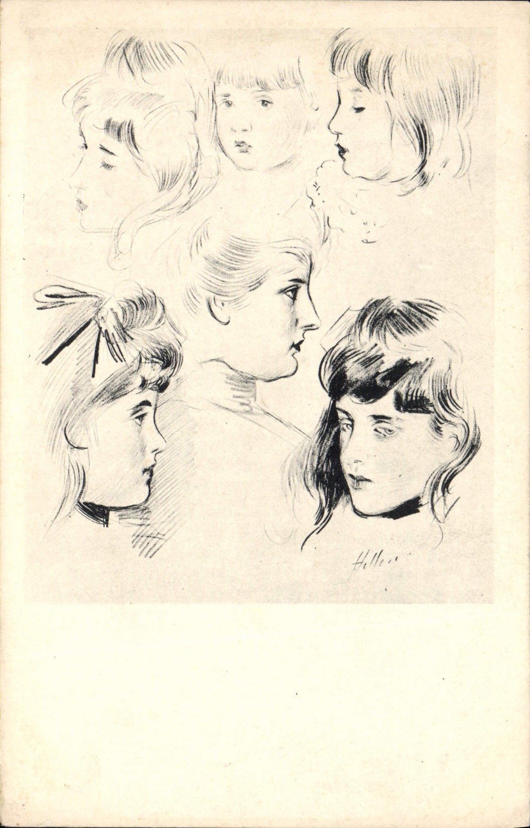 Studios de visages de jeunes filles — dessin à l'encre — Hellen — Collect. Ed. S. Paris