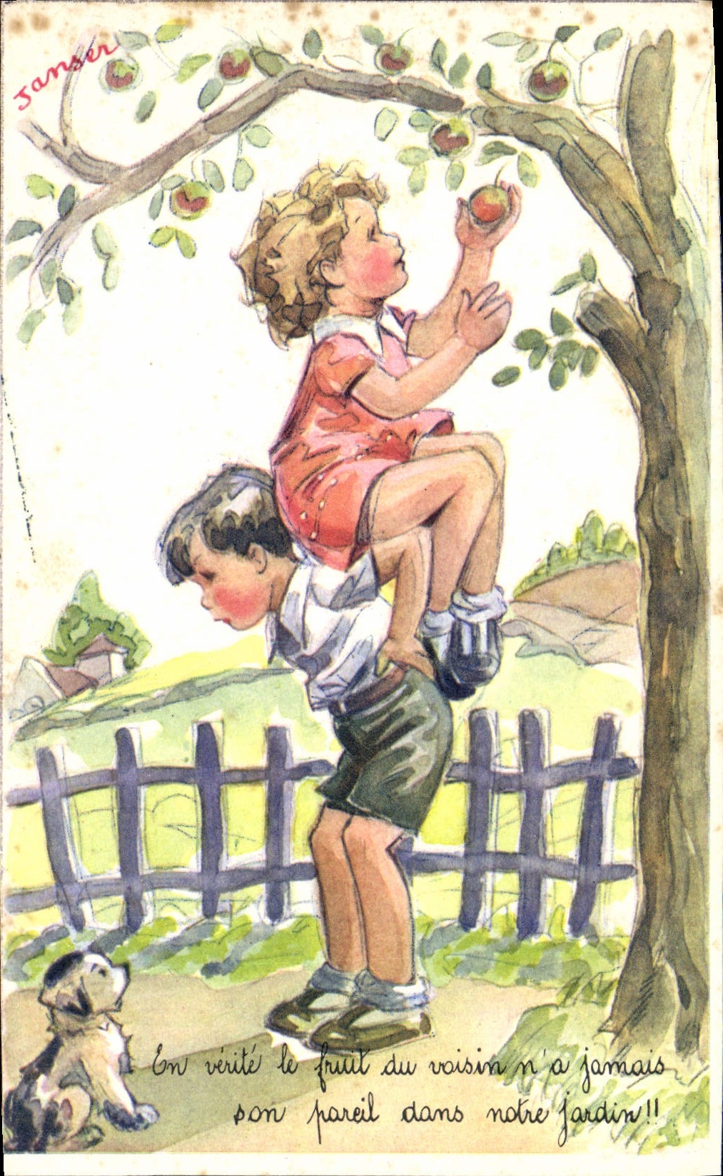 CPA Fantaisie Illustrateur Janser Enfants Chien 