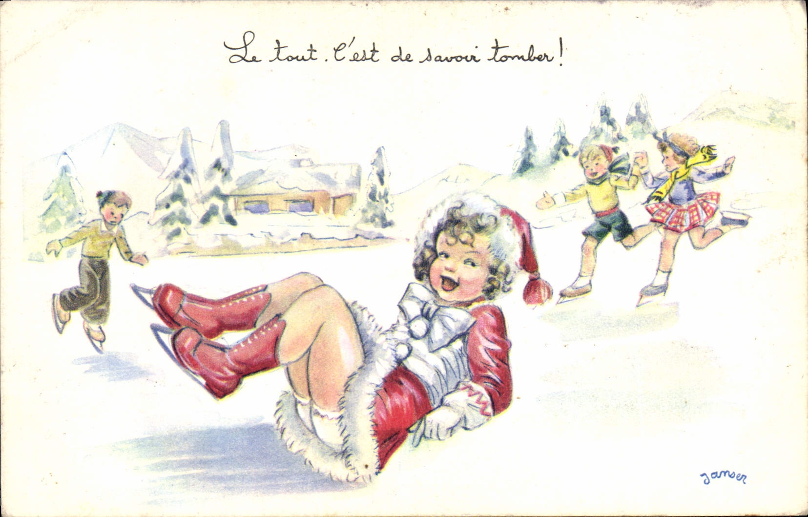 CPA Fantaisie Illustrateur Janser Enfants Patinage 