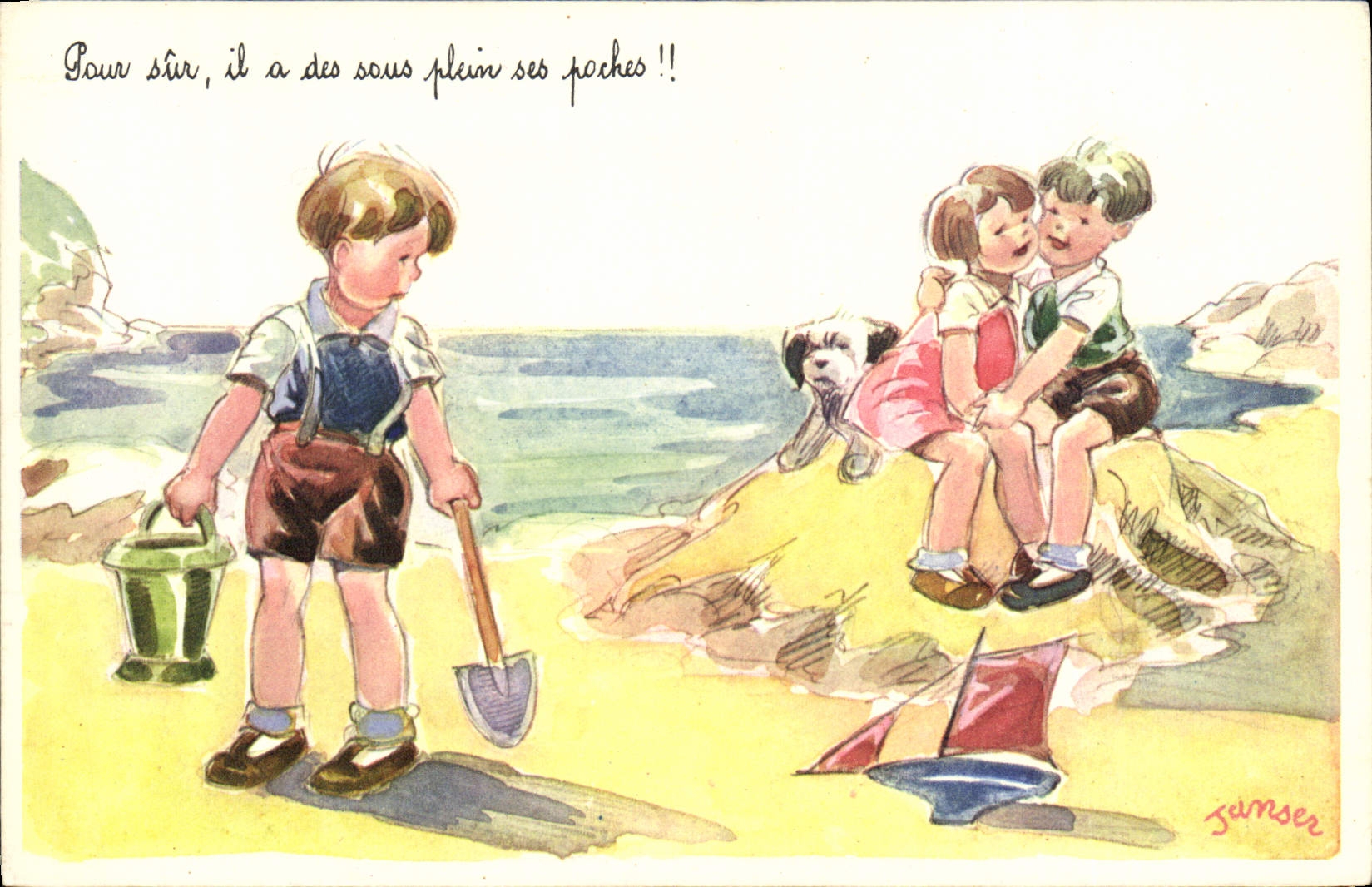 CPA Fantaisie Illustrateur Janser Enfants Chien