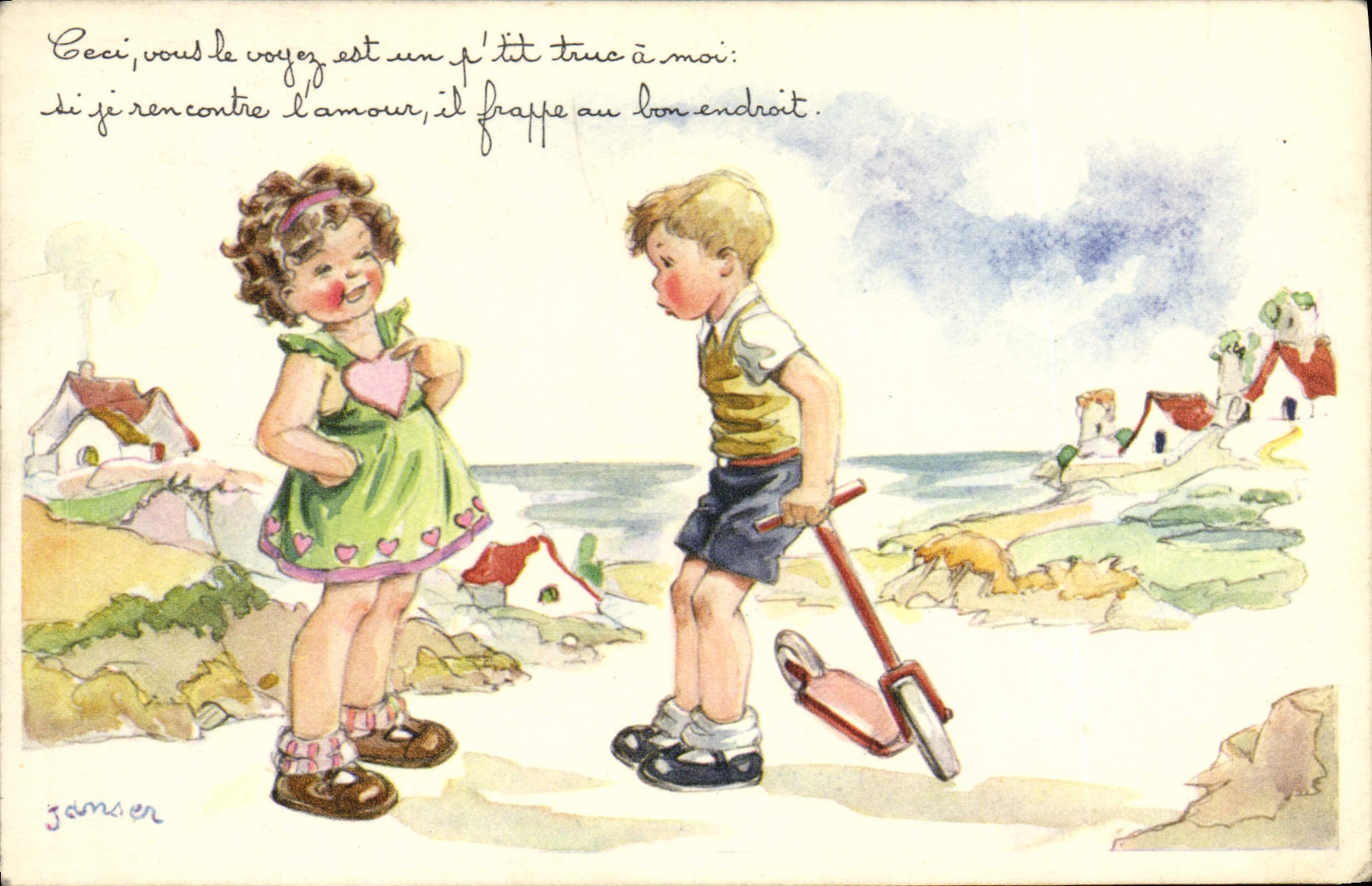 CPA Fantaisie Illustrateur Janser Enfants Trotinette 