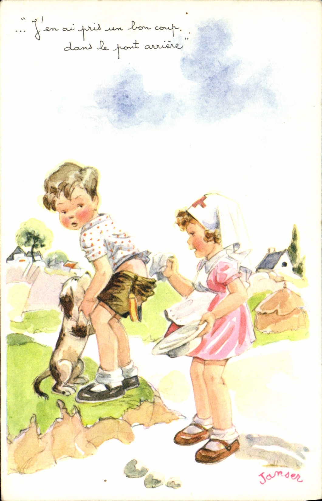CPA Fantaisie Illustrateur Janser Enfants Chien Croix Rouge Infirmiere