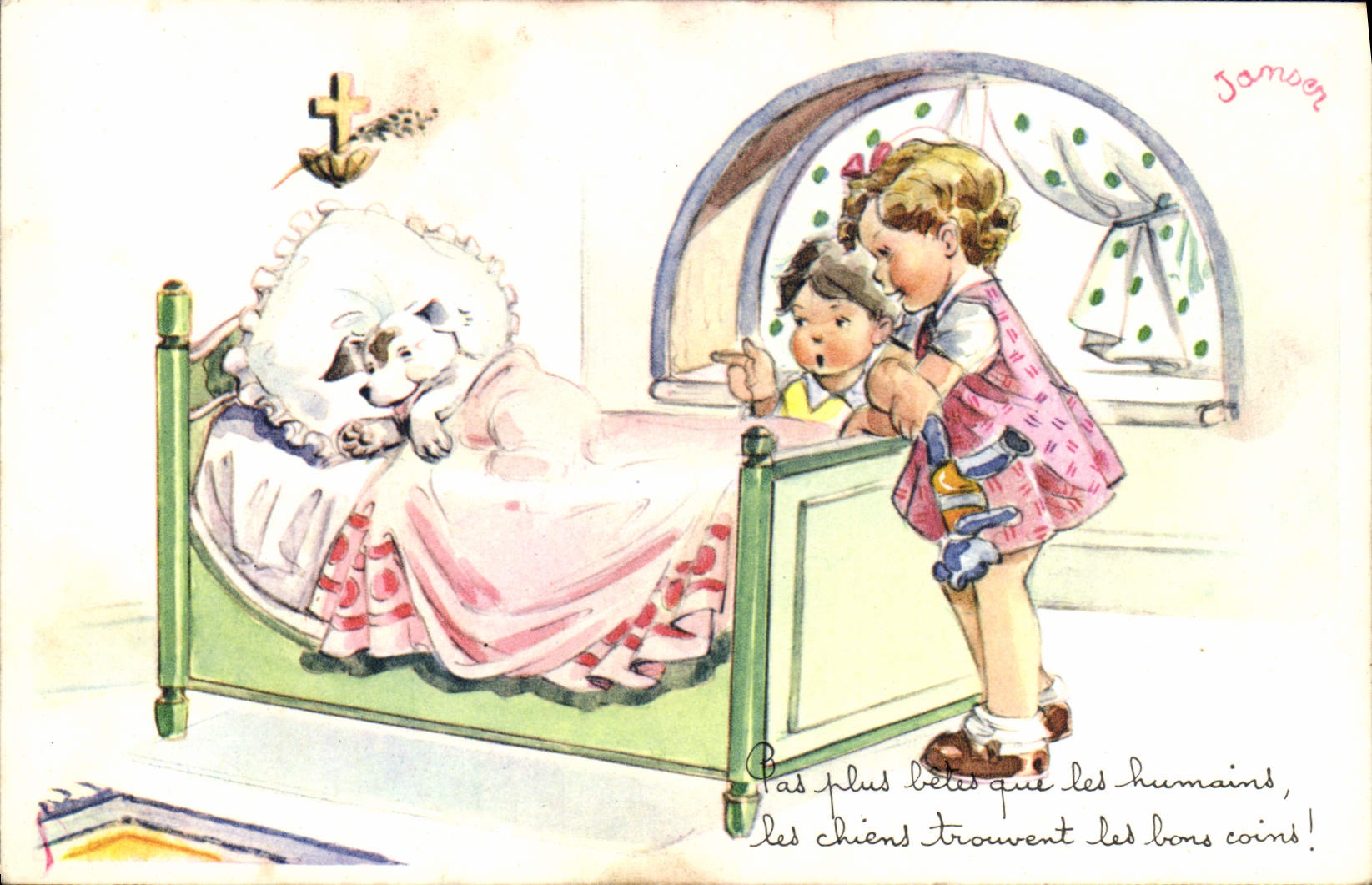 CPA Fantaisie Illustrateur Janser Enfants Chien