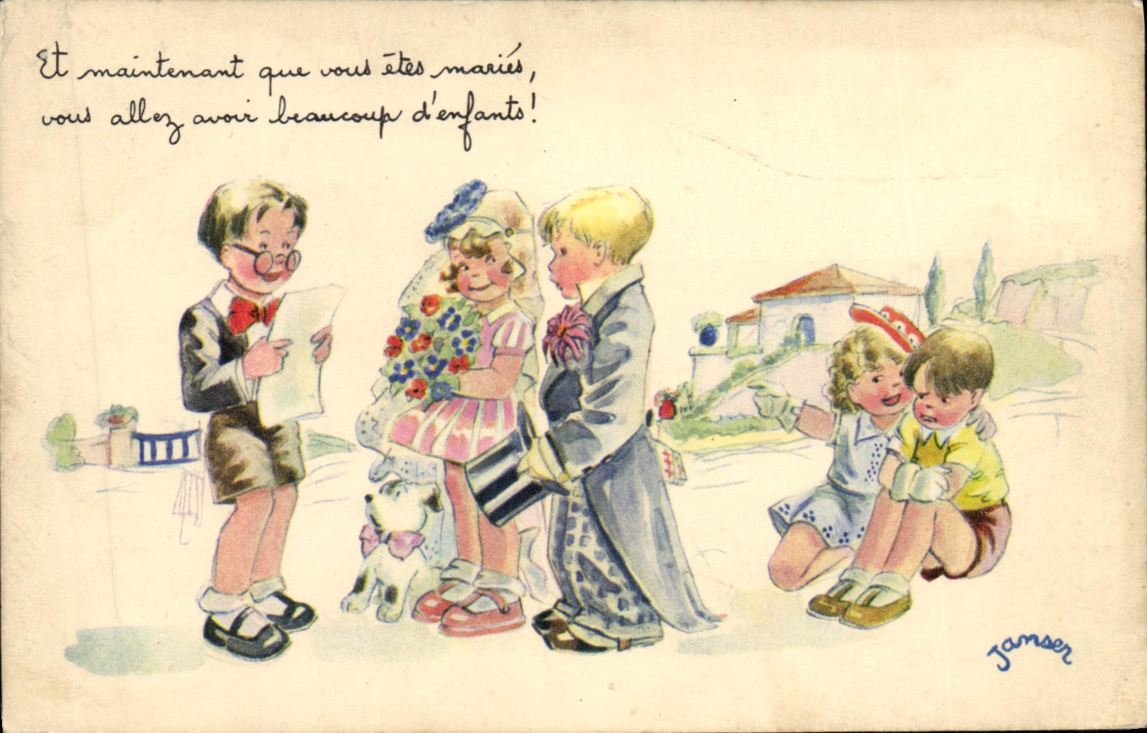 CPA Fantaisie Illustrateur Janser Enfants Chien Mariage