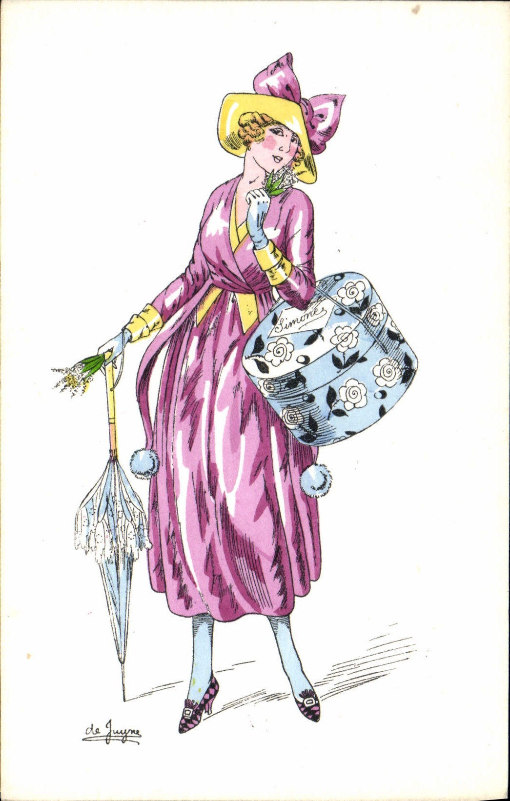 Femme en robe rose et chapeau jaune — illustration de de Guyonne — édit. PICOT, Paris