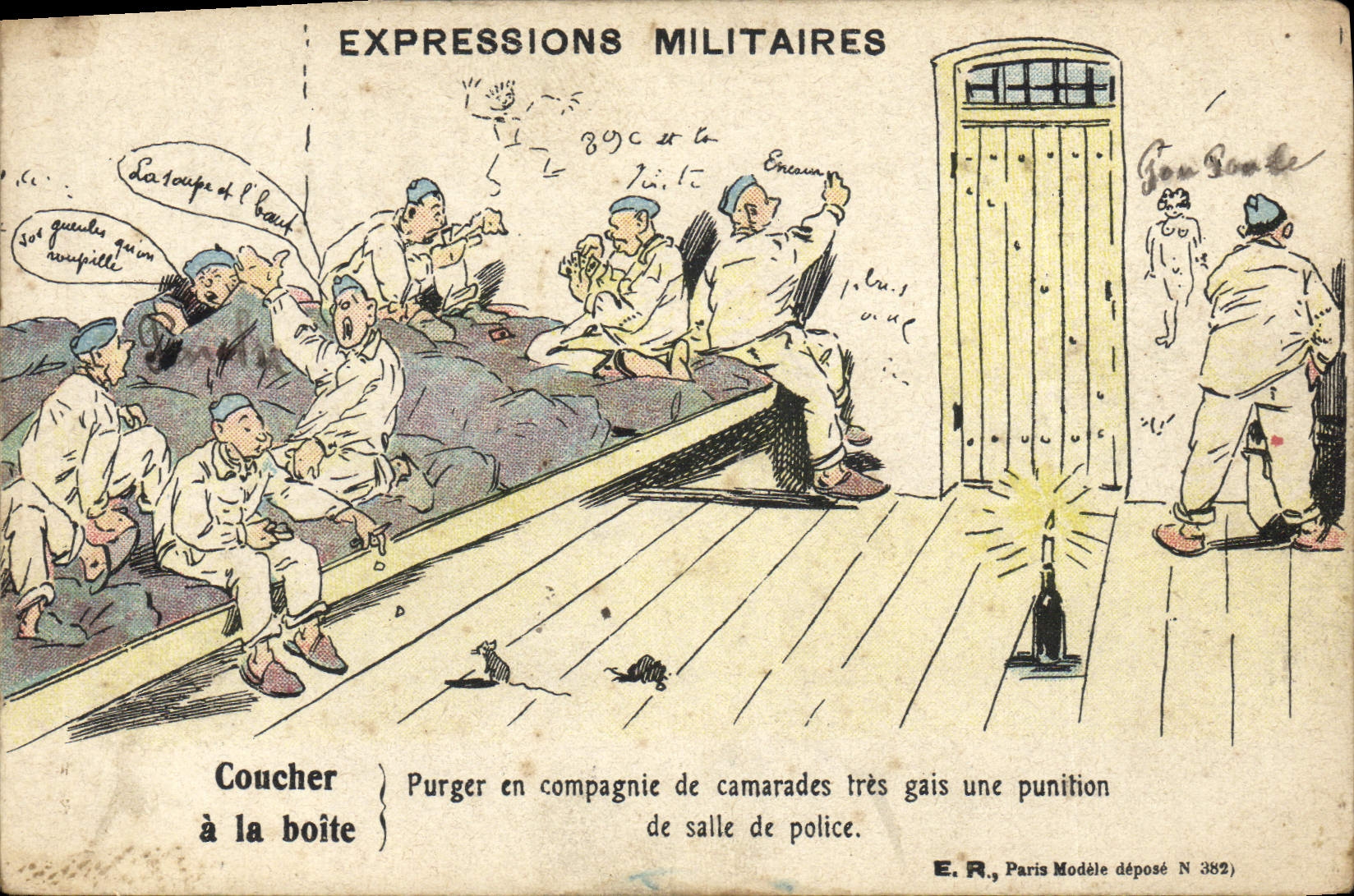 Expressions militaires — caricature de soldats en compagnie — E.R., Paris, Modèle déposé N 382