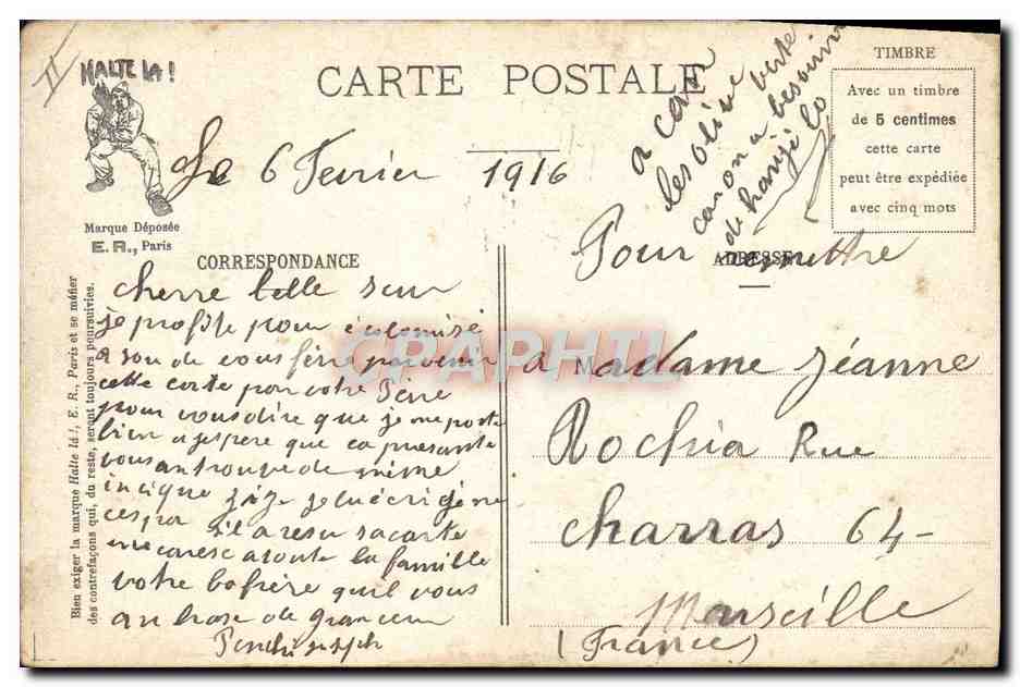 Expressions militaires — caricature de soldats en compagnie — E.R., Paris, Modèle déposé N 382 — Reverso