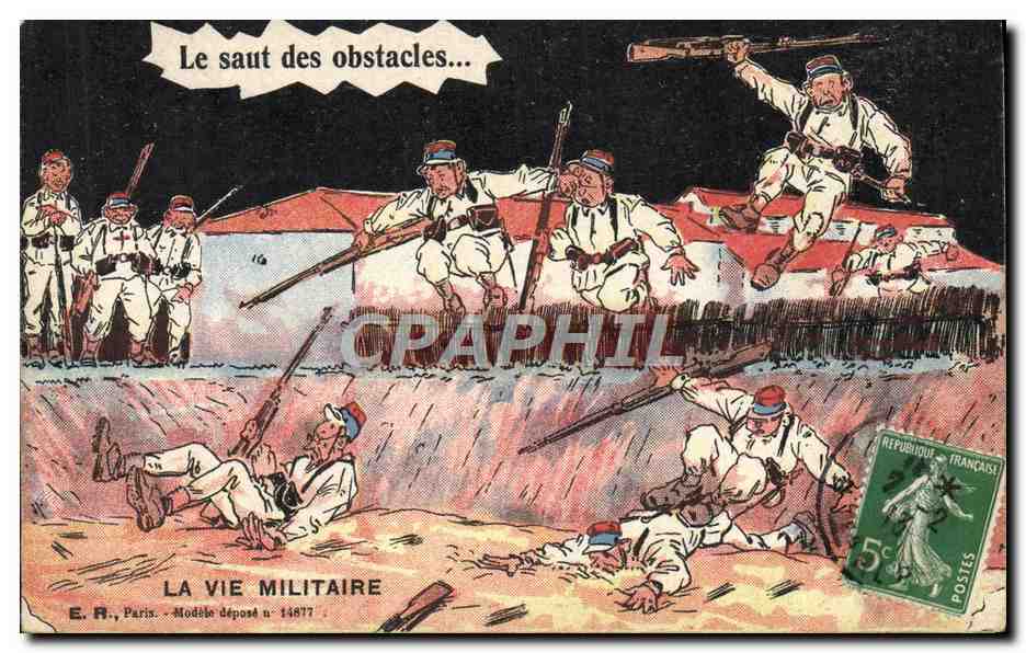 La vie militaire — Le saut des obstacles — E.R., Paris, Modèle déposé n° 14877