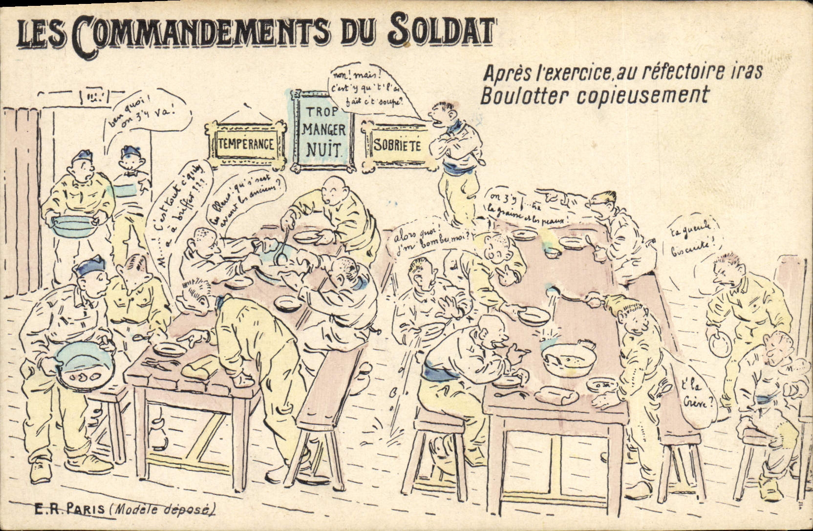 Les Commandements du Soldat — caricature de soldats au réfectoire — E.R. Paris (Modèle déposé)