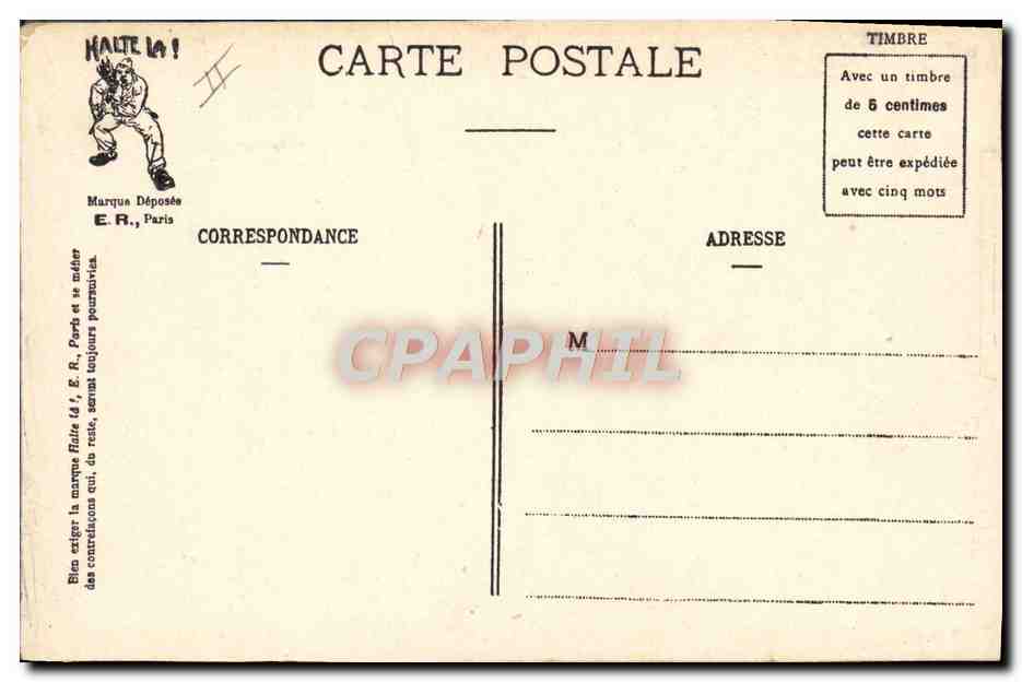 Les Commandements du Soldat — caricature de soldats au réfectoire — E.R. Paris (Modèle déposé) — Verso