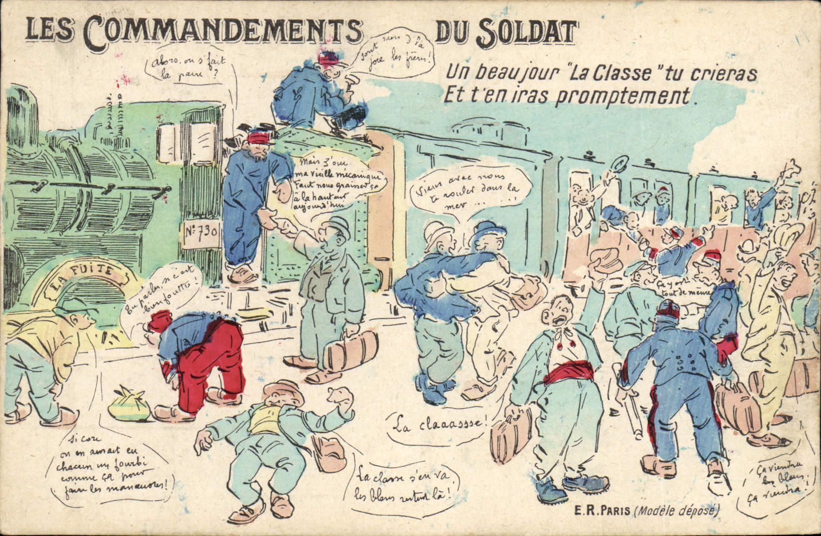 Les Commandements du Soldat — caricature de soldats au départ — E.R. Paris (Modèle déposé) N°730
