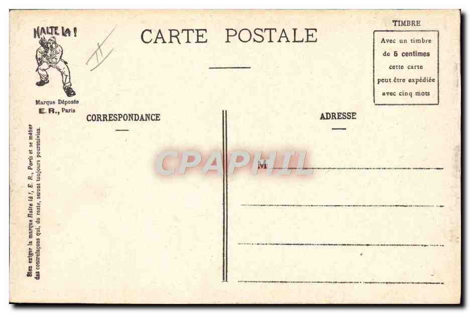 Les Commandements du Soldat — caricature de soldats au départ — E.R. Paris (Modèle déposé) N°730 — Verso