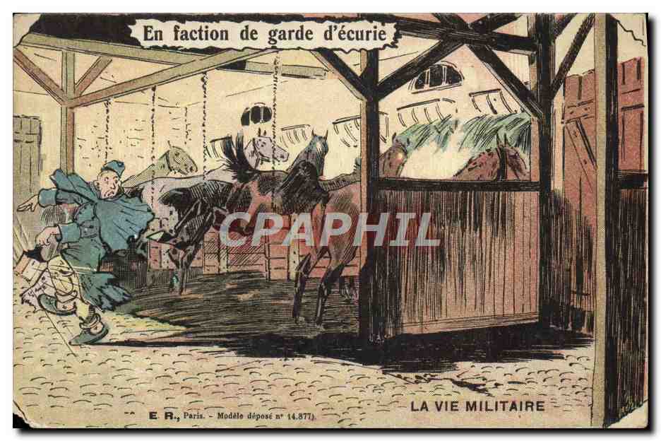 CPA Fantaisie Militaria En faction de garde d'ecurie Cheval Ecuries