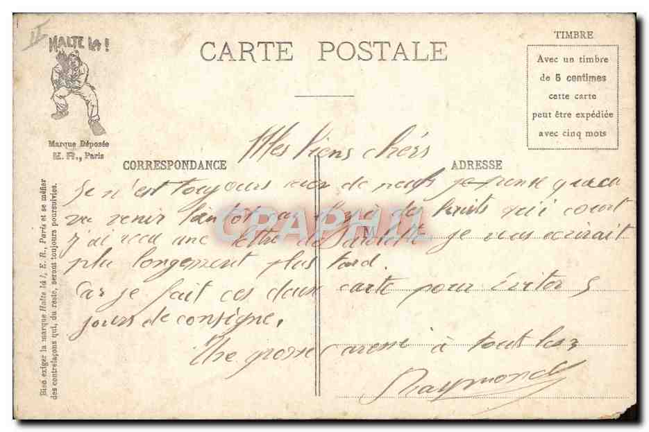 CPA Fantaisie Militaria En faction de garde d'ecurie Cheval Ecuries — Rückseite