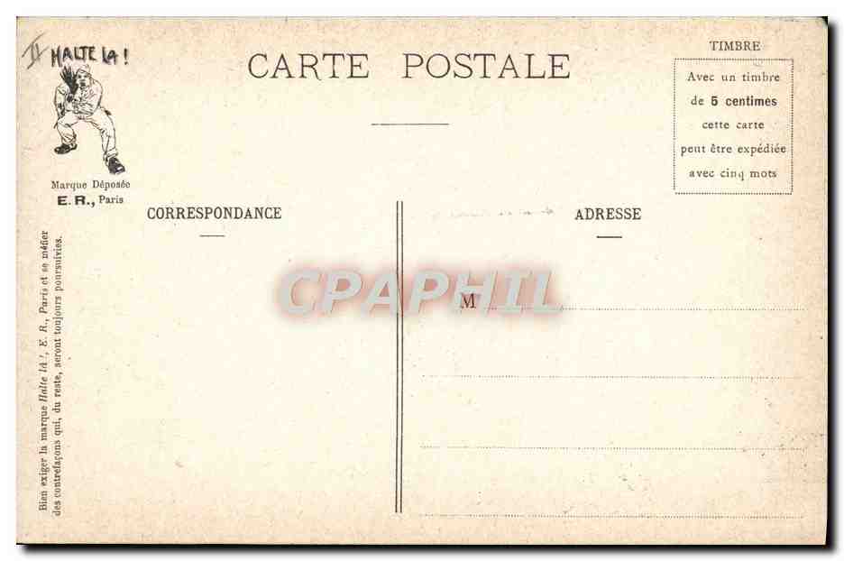 Scènes militaires — Au Jus !! — E.R., Paris, Modèle déposé n° 14877 — Verso