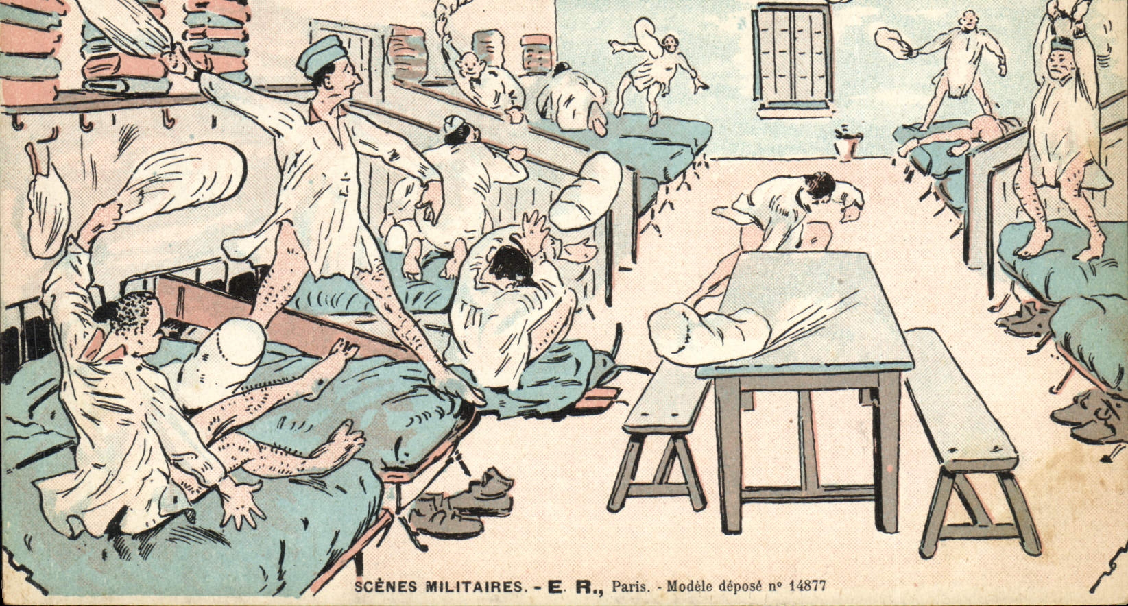 Scènes militaires — exercice de gymnastique dans une chambre d'hôpital — E.R., Paris, Modèle déposé n° 14877