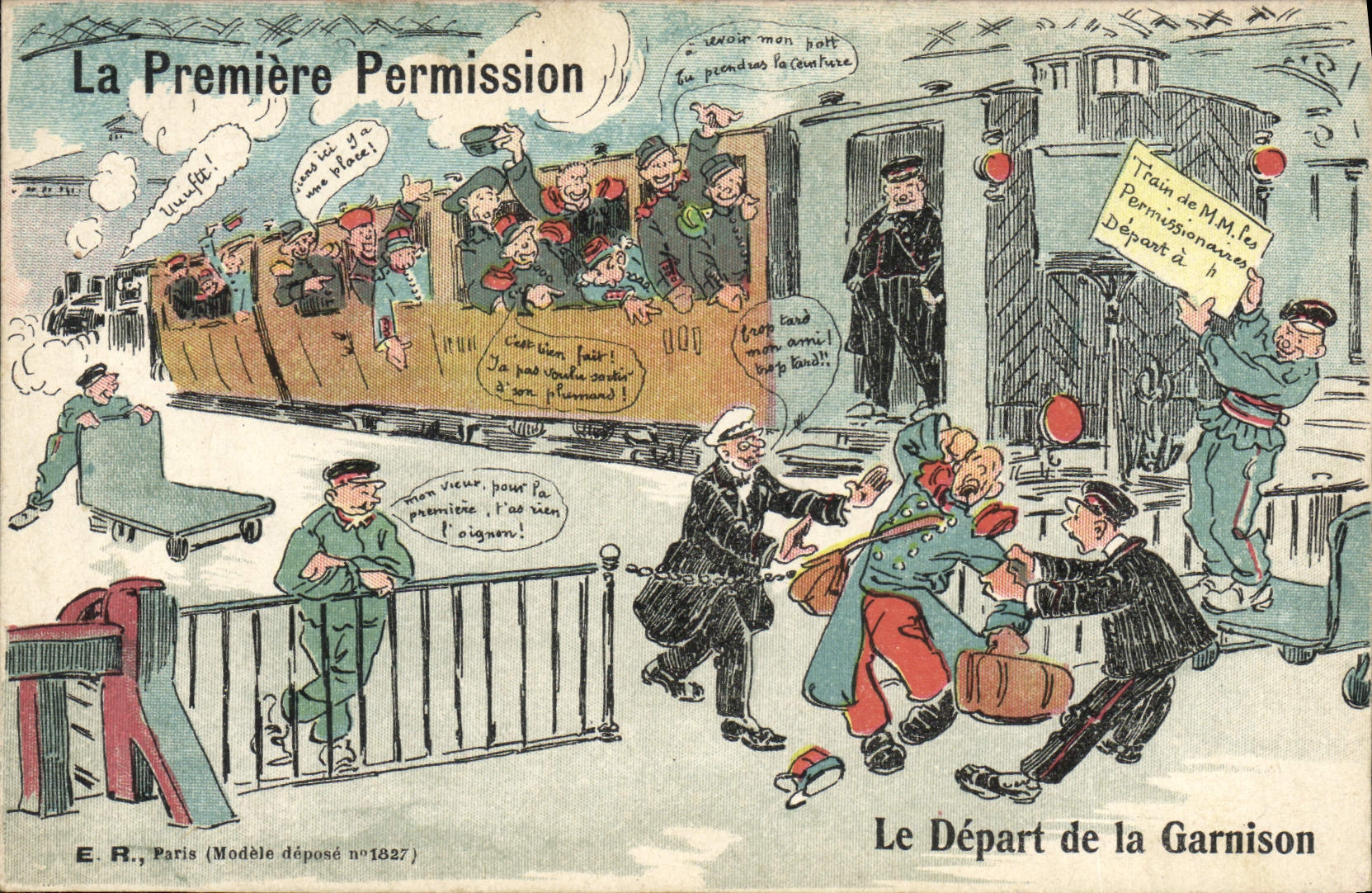Départ de la Garnison — La Première Permission — E.R., Paris (Modèle déposé n°1827)