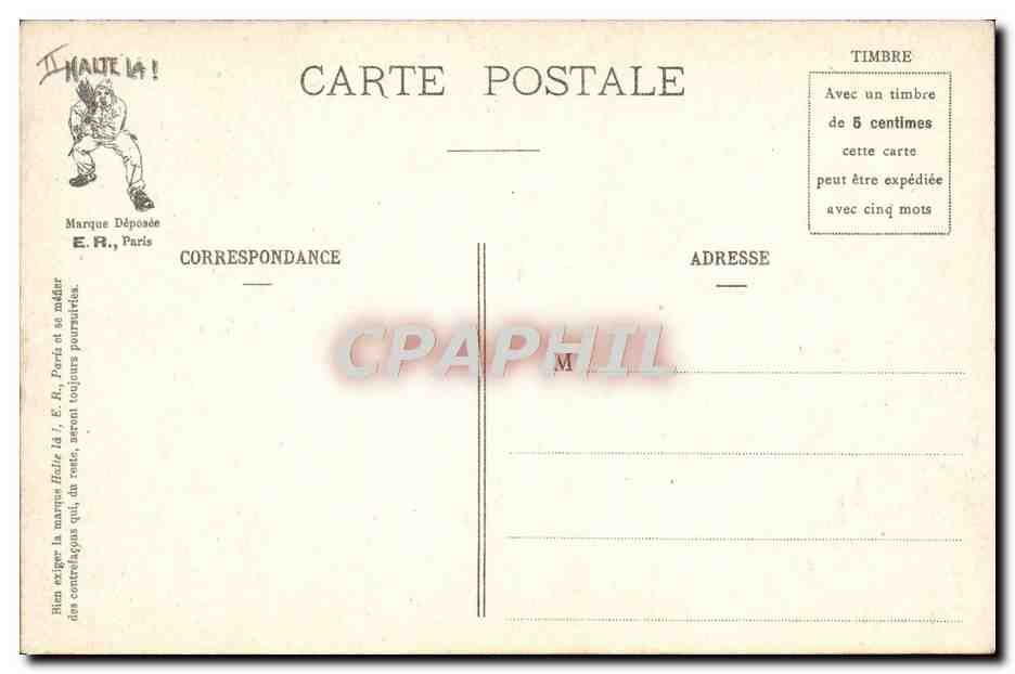 Départ de la Garnison — La Première Permission — E.R., Paris (Modèle déposé n°1827) — Verso