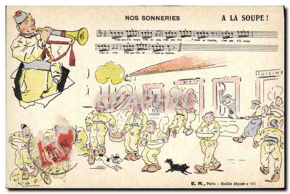 Soldats en cuisine — Nos sonneries à la soupe ! — E. R., Paris, Modèle déposé n° 894