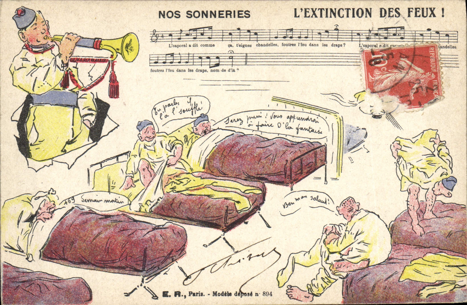Soldats en tenue de nuit — L'extinction des feux ! — E. A., Paris, modèle déposé n° 894