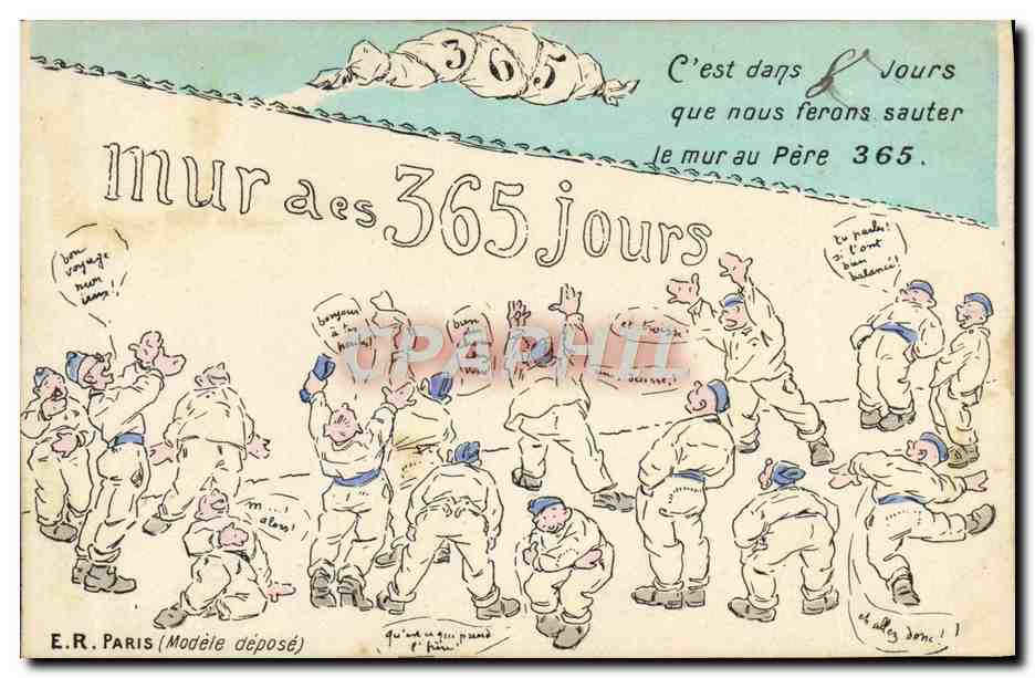 Soldats devant le mur des 365 jours — caricature humoristique — E.R. Paris (Modèle déposé)