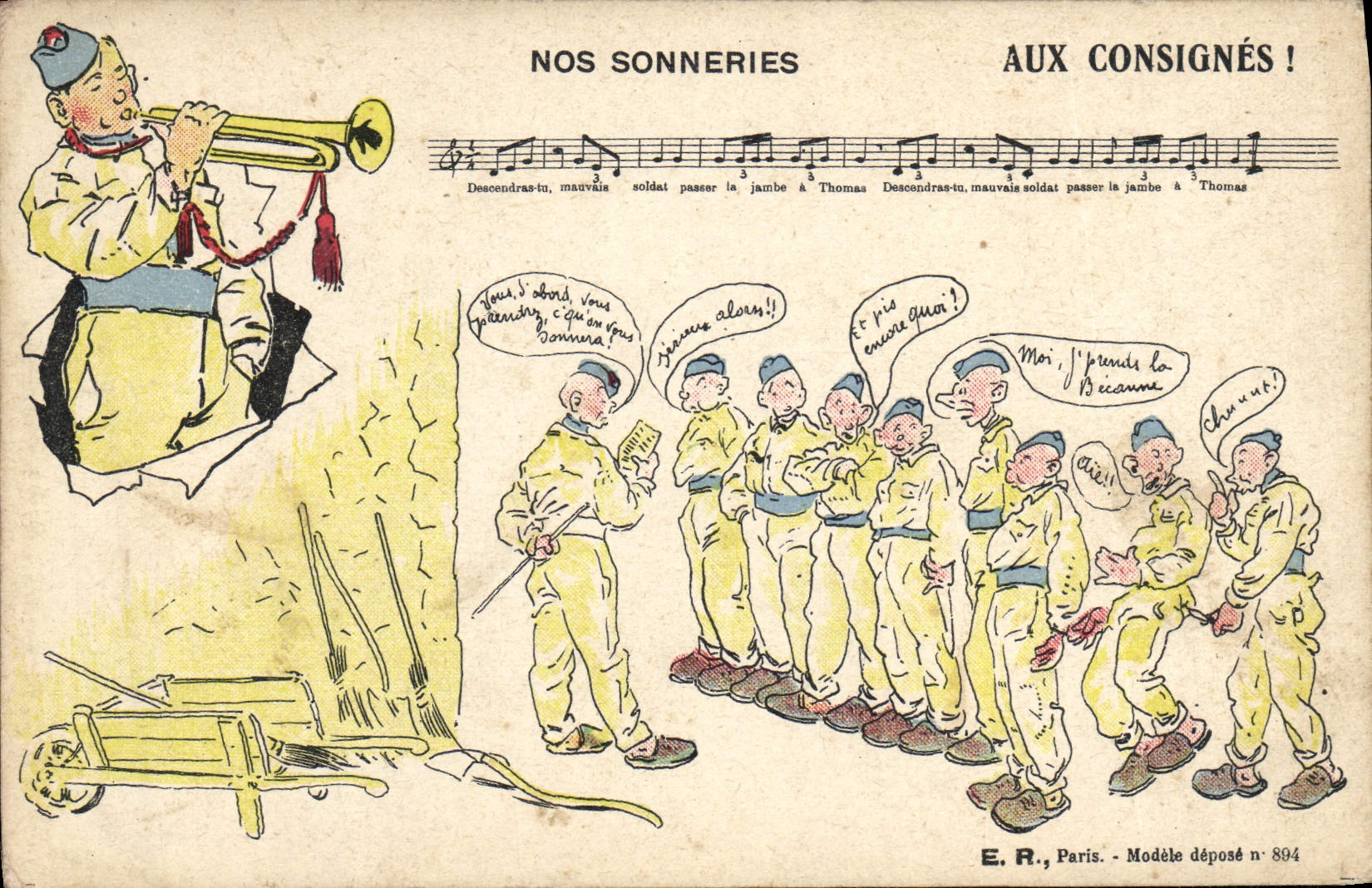 Soldats en uniforme jaune — caricature militaire — E.R., Paris, Modèle déposé n° 894