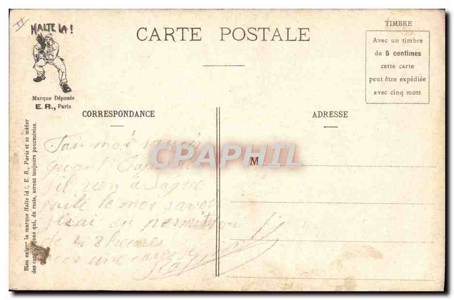 Soldats en uniforme jaune — caricature militaire — E.R., Paris, Modèle déposé n° 894 — Reverso