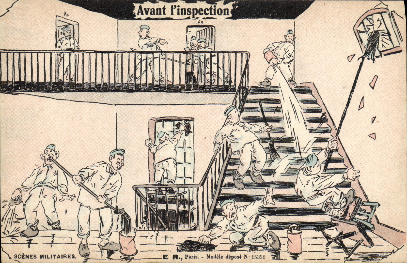 Scènes militaires — Avant l'inspection — E.R., Paris, Modèle déposé N° 15354