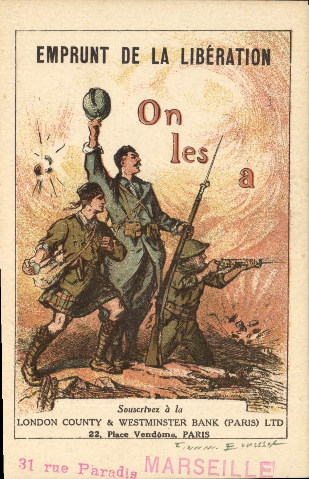 CPA Fantaisie Militaria Emprunt de la liberation London County & Westminster Bank Place Vendome Paris 