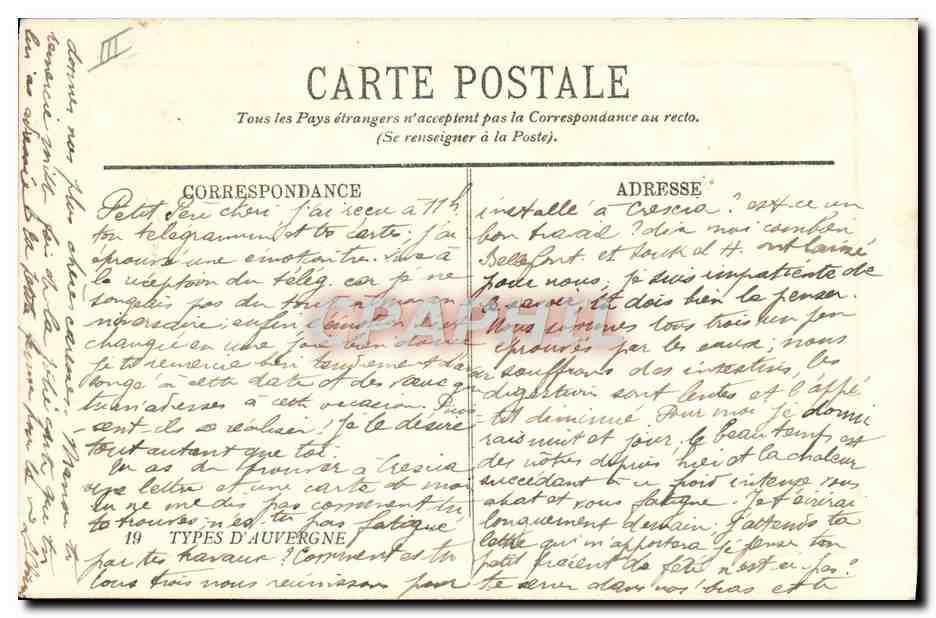 CPA Folklore Types d'Auvergne La bourree — Verso