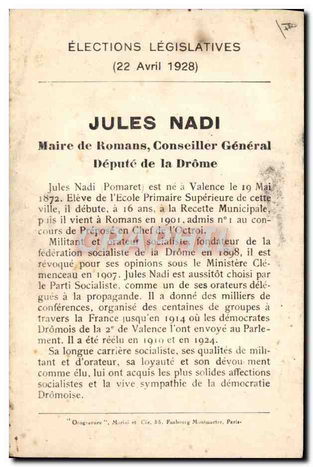 Jules Nadi — Député socialiste — Photo Jacquin Frères, Valence — Verso