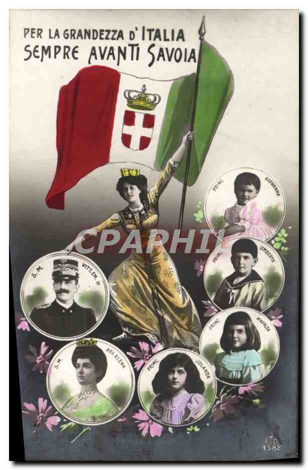 S.M. Vittorio Emanuele III et la famille royale savoie — Per la grandezza d'Italia sempre avanti Savoia — Éditeur F.T.D. n° 3582